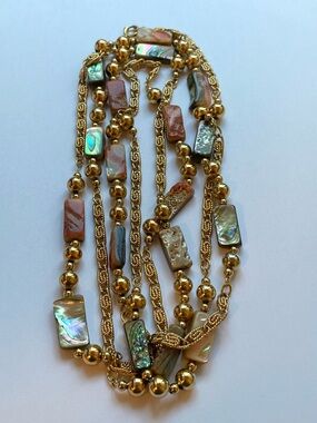 Vintage Natural Red Abalone Tile Bead Extra Long Necklace